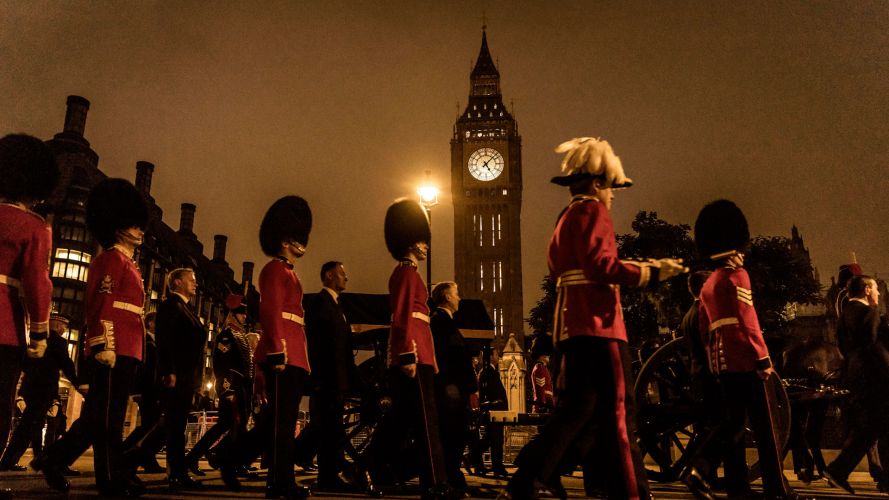 The coffin passes Elizabeth Tower 'Big Ben' as part of military preperations for the Queen's funeral