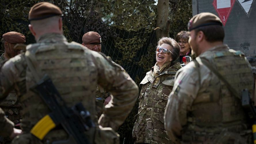 Princess Anne shares a joke with soldiers taking part in Ex Iron Cyclone on Salisbury Plain Training Area (Picture: MOD) Princess Anne at Salisbury Plain training area