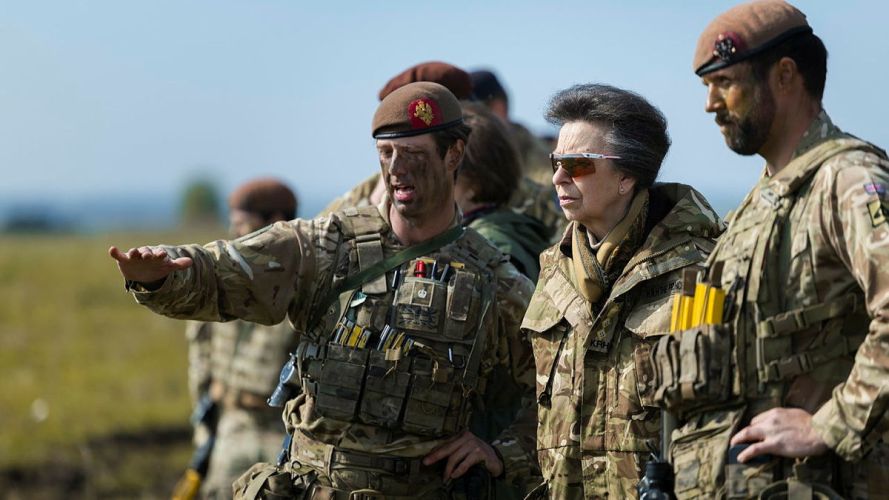 Major Alex Walch (left), the Princess Royal and WO2 Joel Thorpe on Salisbury Plain Training Area during Ex Iron Cyclone (Picture: MOD) Princess Anne at Salisbury Plain training area