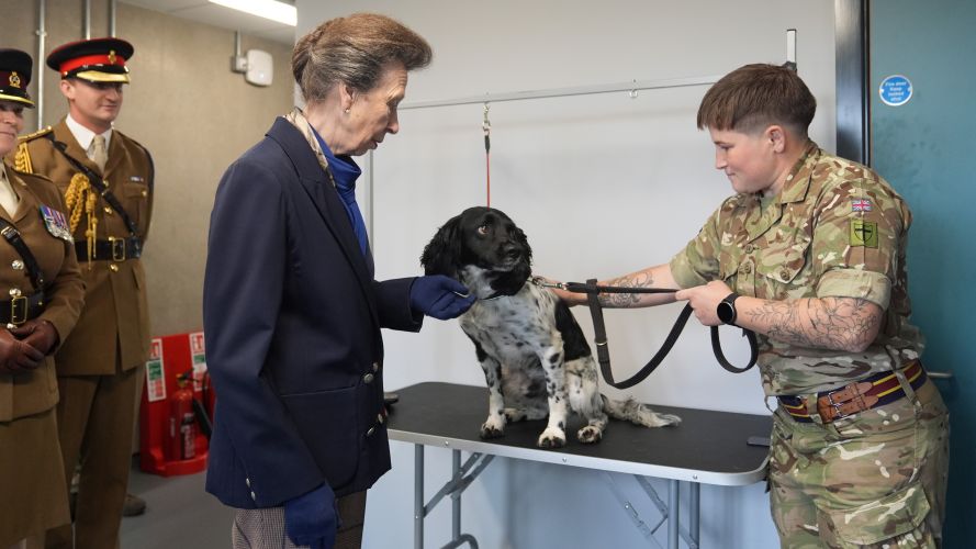 The Princess Royal with explosives search dog Oakley during a visit to Kendrew Barracks in Cottesmore (Picture: PA) The Princess Royal with explosives search dog Oakley during a visit to Kendrew Barracks in Cottesmore pic PA