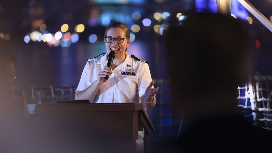 XO Lt Cdr Helen Taylor welcomes guests to HMS Spey pic MOD