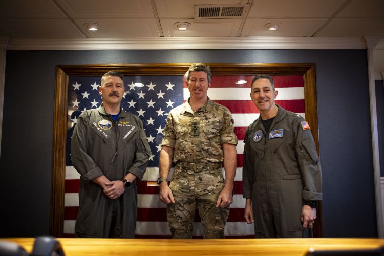 Left, Commanding Officer of USS Gerald R Ford and right, Rear Admiral Paul Lanzilotta, Commander of Carrier Strike Group 12