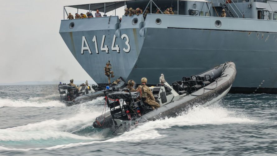 The exercise also saw the two forces conduct a boarding of German replenishment tanker, Rhön  