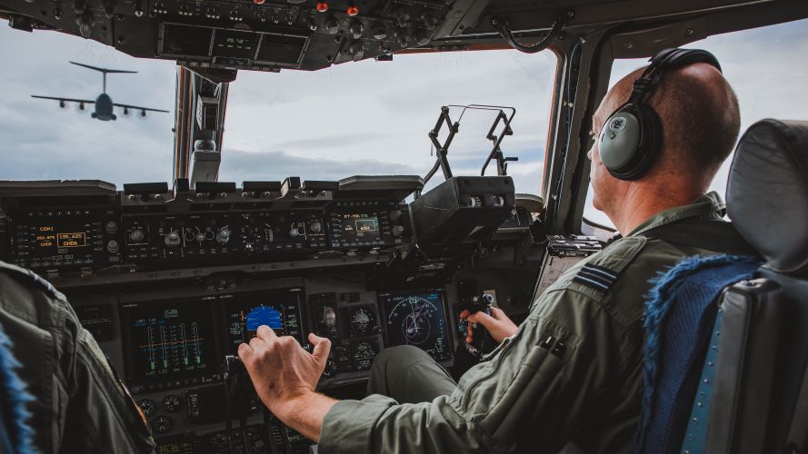 99 Squadron C17 flying in close formation with 30 Squadron A400M  during QPJ rehearsal 24052022 CREDIT MOD Crown Copyright.jpg