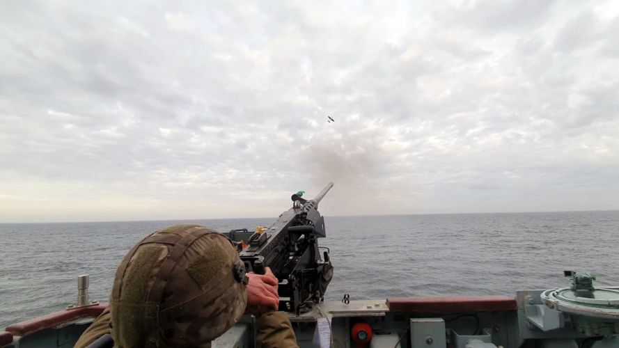 A Blyth sailor takes aim at a drone with a heavy machine-gun during NATO Minehunter Countermeasures training exercise (Picture: Royal Navy). A Blyth sailor takes aim at a drone with a heavy machine-gun NATO Minehunter Countermeasures Taskgroup training exercise 03032021 CREDIT ROYAL NAVY.jpg