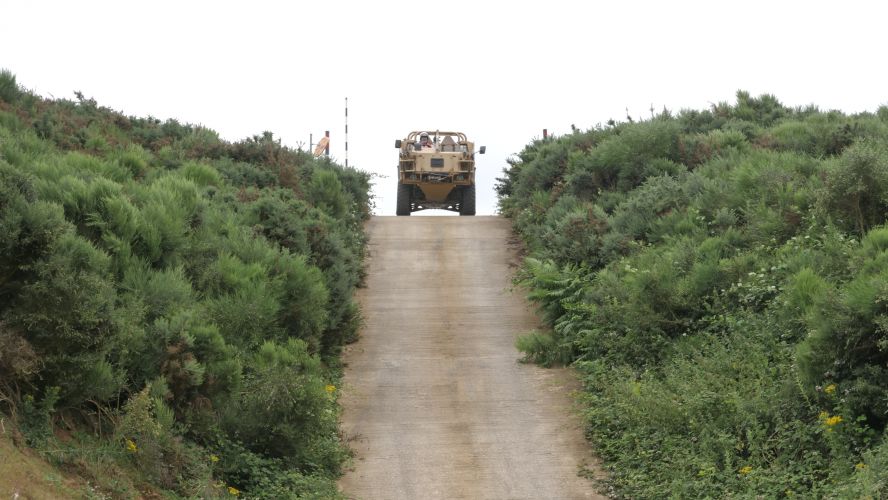 A Jackal Patrol Vehicle is tested as part of Army investigation into the potential for hybrid greener equipment at Millbrook Proving Ground Bedfordshire.