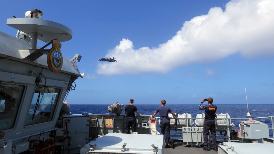 A New Zealand Maritime Patrol Aircraft passes by HMS Spey 25082022 CREDIT Royal Navy, MOD.jpg