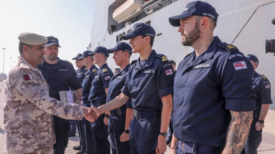 A Qatari Emiri Naval Forces officer greets the Royal Navy staff 11112022 CREDIT Royal Navy, MOD.jpeg 