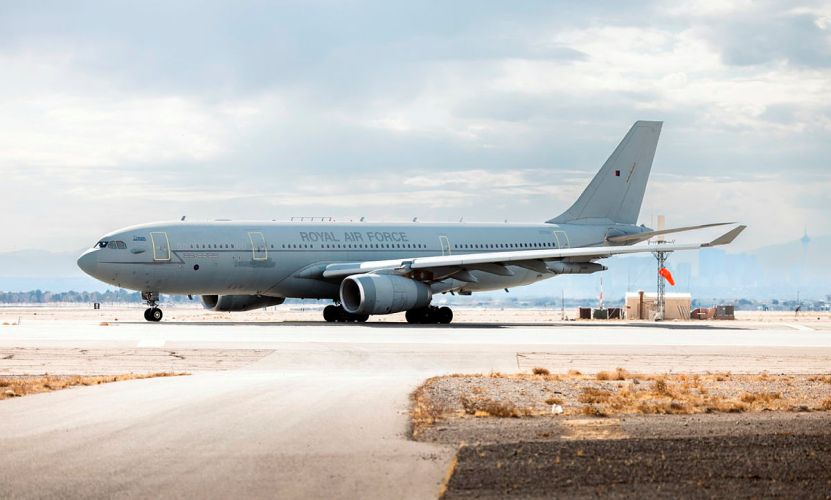 A Royal Air Force 10 101 Squadron Voyager prepares to take off on a refuelling mission