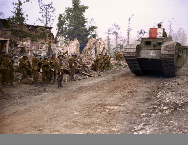 A Tank passing 8th Field Ambulance, Hangard, during Battle of Amiens (Picture: The Vimy Foundation).