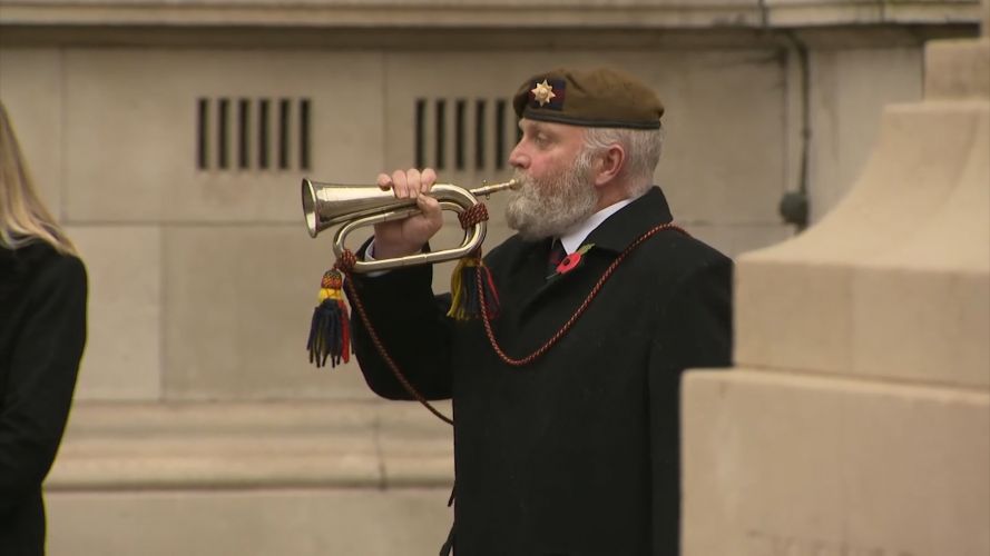 A bugler plays during the Armistice Day 2020 service at Belfast Cenotaph.