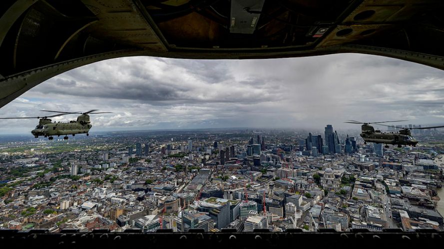 A formation of three RAF Chinook helicopters from 7 Squadron, are seen here taking part in a flypast over London as part of The Kings Birthday Parade (Picture: MOD)