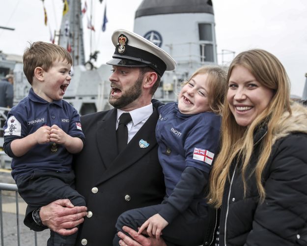 A member of HMS Cattistock’s crew returns home to his family after ten months away on NATO deployment. Royal Navy Royal Marines Charity Family and Friends Award. By Barry Swainsbury 02102020 CREDIT ROYALNAVY