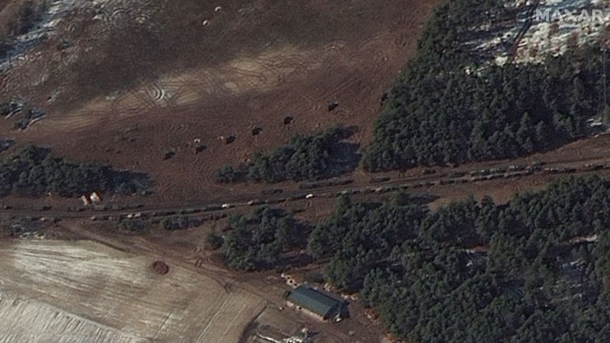 A photograph from a satellite which appears to show the Russian convoy outside Kyiv moving away from the capital (Picture: Maxar Technologies via REUTERS).