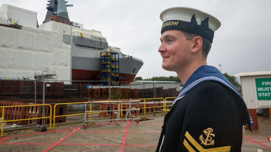 A sailor looks on at the construction of HMS Glasgow in Govan Scotland 191021 CREDIT Royal Navy_0.jpg
