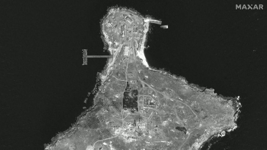 A satellite image reportedly showing damage to Russian positions on Snake Island Ukraine on 17 June 2022 (Picture: Maxar Technologies).
