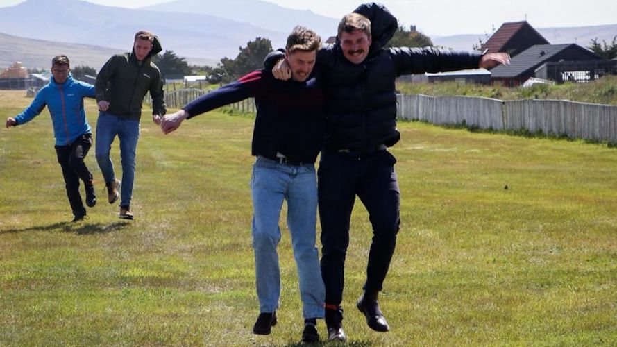 A three-legged race during Annual Boxing Day race meeting Stanley Falklands 04012024 CREDIT Welsh Guards