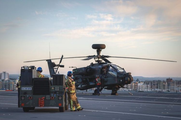 Army Air Corps Apache helicopters working with HMS Prince of Wales after joining the carrier in Portsmouth for trials (Picture: MOD).