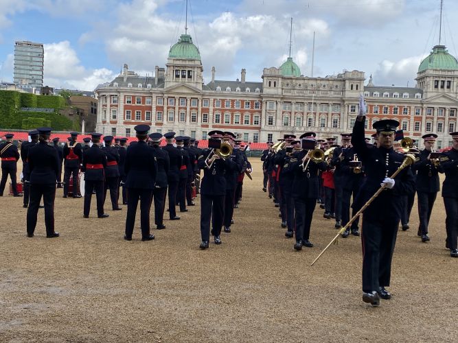 Massed Bands of the Household Division prepare for Trooping the Colour on 2 June 190522 CREDIT BFBS