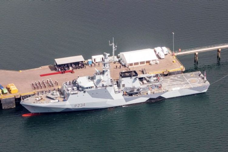Aerial image of HMS Spey, taken during her commissioning ceremony 
