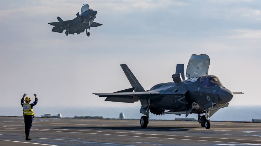 Aircraft handler at work as F-35Bs carry out flight operations from HMS Queen Elizabeth