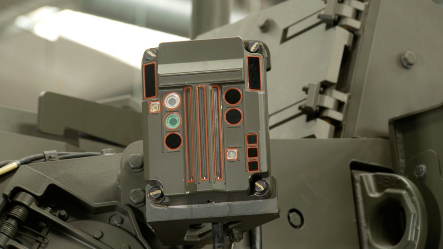 A laser warning system alerts the crew if the enemy attempts to target the vehicle with a laser Ajax laser warning system