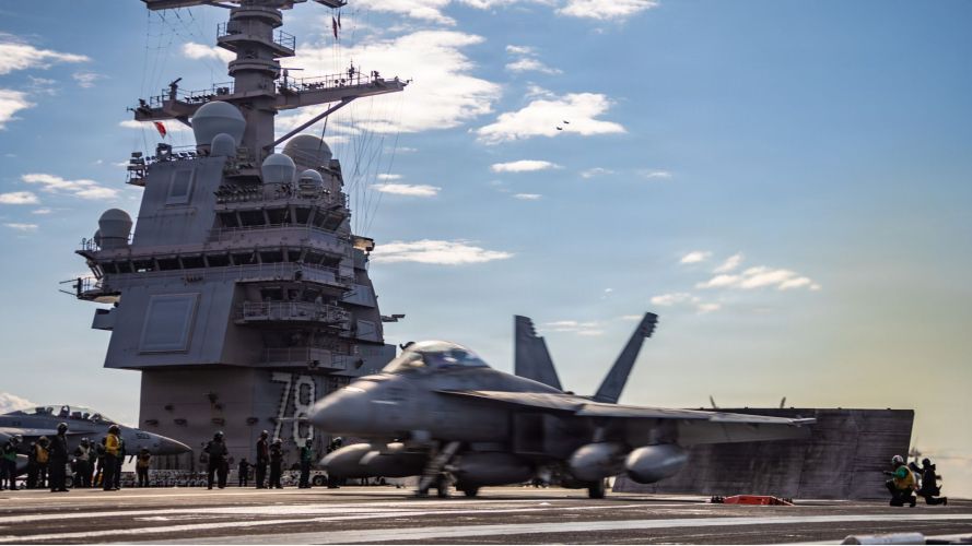 An EA-18G Growler launches from the USS Gerald R Ford