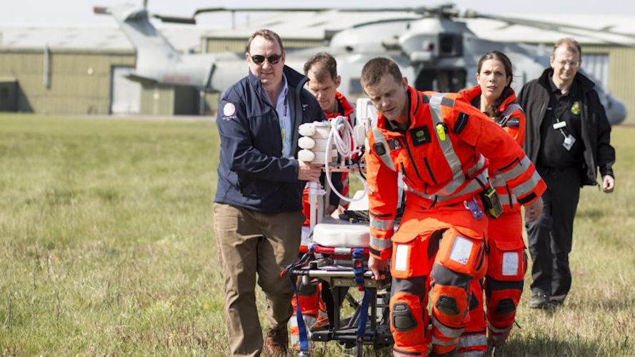 Armed Forces helicopter personnel train with NHS critical care staff for coronavirus medical evacuation (Picture: MOD).