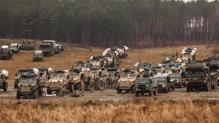 Army Vehicles lined up on Drawsko Pomorskie Training Area (DPTA), Poland, on Ex Steadfast Defender 22022024 CREDIT MOD