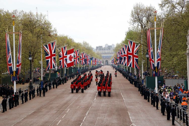 Army personnel marching down the Mall ahead of the coronation of King Charles III 