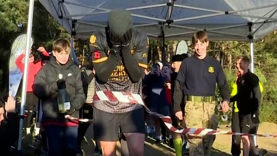 The moment Army veteran Brian Wood MC finished his 25th marathon in 25 days – completing an epic 635-mile Ultimate Sacrifice Challenge. Army veteran Brian Wood MC completing his epic 635-mile Ultimate Sacrifice Challenge 25112021 CREDIT BFBS.jpg