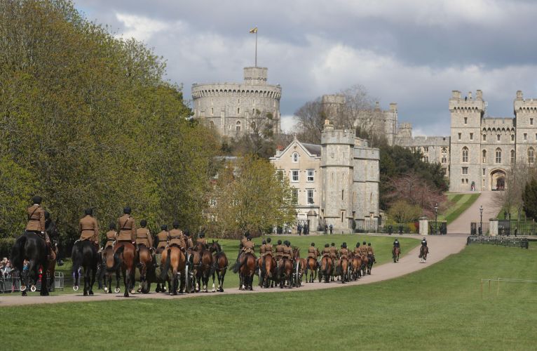 Personnel from King's Troop Royal Horse Artillery on Windsor Castle's Long Walk, during a rehearsal for Prince Philip's funeral (Picture: PA/Alamy).