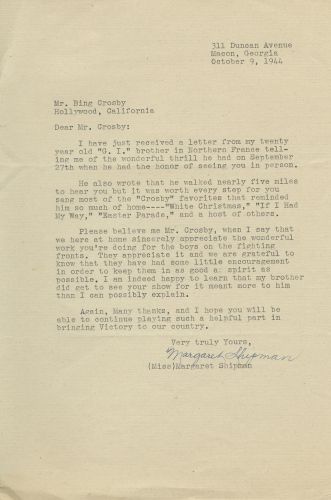 A letter from Margaret Shipman, sister to a soldier in northern France, thanking the musician for keeping spirits high (Picture: Decca Records).