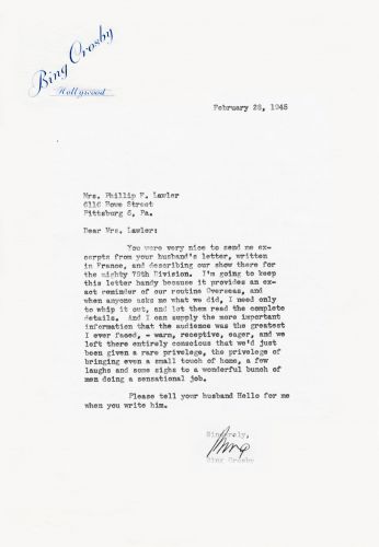 A letter from Bing Crosby, addressed to Mrs Phillip K Lawler, from 1945 (Picture: Decca Records).