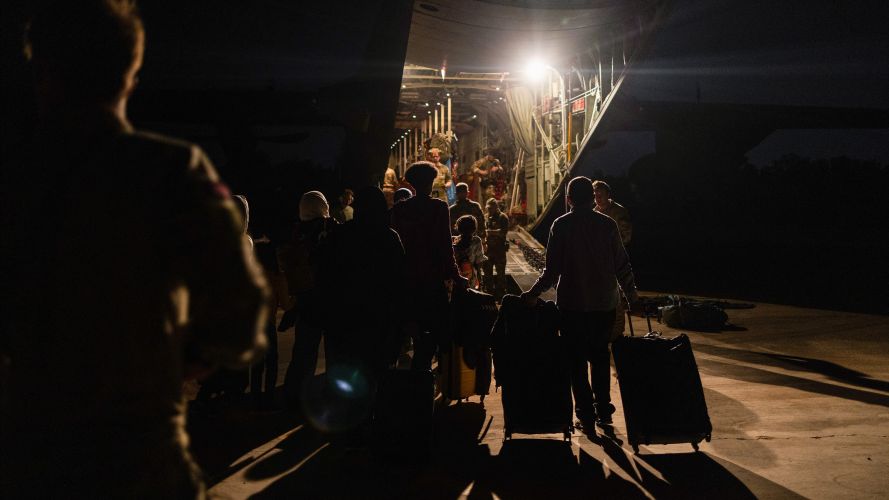 British Nationals seen here boarding an RAF aircraft, after being evacuated from Sudan 26042023 CREDIT MOD Crown Copyright