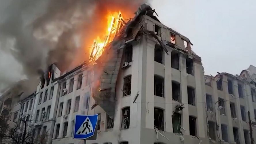 Burning building collapsing in the aftermath of shelling in Kharkiv, northeast Ukraine 02032022 CREDIT SES OF UKRAINE .jpg
