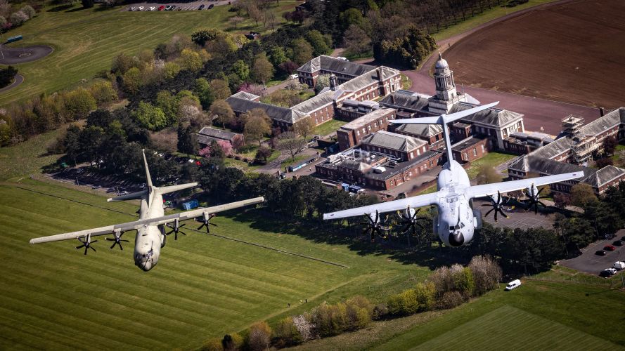 C-130J Hercules and A400M Atlas (right) above RAF College Cranwel in a rehearsal Coronation Flypast 25042023 CREDIT MOD Crown Copyright.jpg