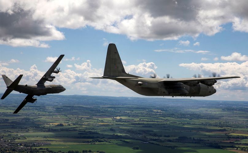 C-130J Hercules flying in a threeship formation as part of the Queens Jubilee Practice Flypast 24052022 CREDIT MOD Crown Copyright.jpg