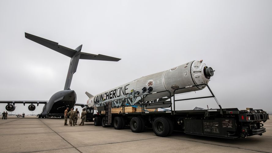 C-17 Globemaster from 99 Sqn RAF Brize Norton unloads Virgin Orbits Launcher One rocket at Cornwall Airport 12102022 CREDIT MOD Crown Copyright.jpg