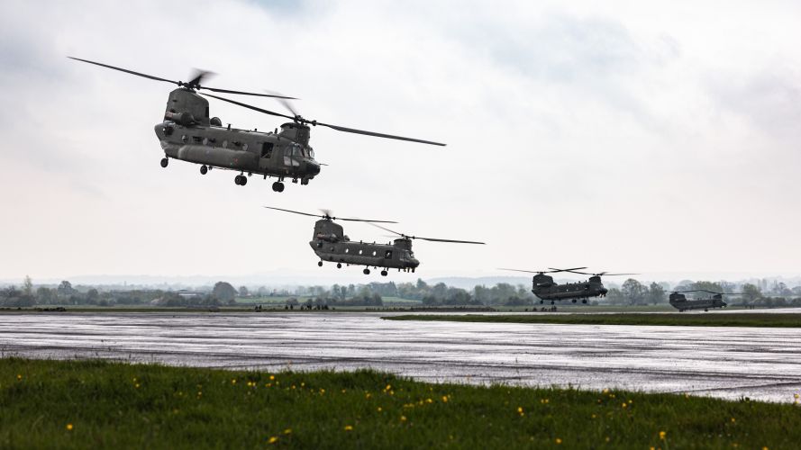 CH-47 Chinooks take off from Keevil Airfield after dropping off soldiers on Exercise Wessex Storm 28042023 CREDIT MOD Crown Copyright.jpg