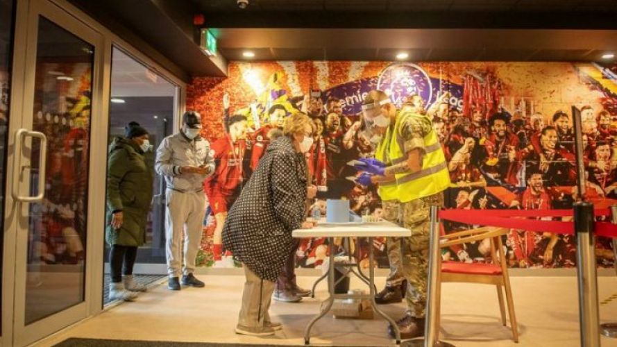 Members of the public register at Liverpool Football Club Anfield stadium for testing as part of the city's mass testing pilot (Picture: MOD).