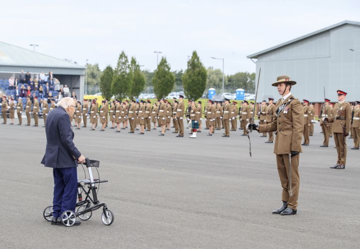 A month later in September 2020, the veteran returned to AFC Harrogate, inspecting soldiers at a passing out parade (Picture: PA).