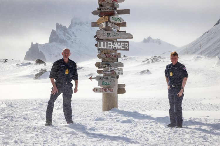 Captain Steve Higham (left) and Commander Chris L’Amie (right) stand in the snow on volcanic island of Jan Mayen in the Arctic Circle 130422 CREDIT Royal Navy