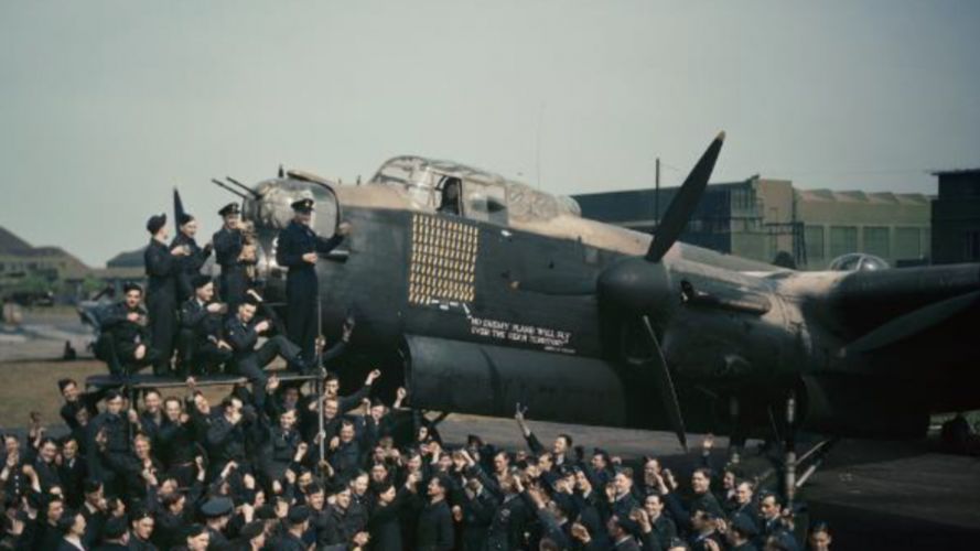 Celebrations at Waddington to mark Lancaster R5868 (S-Sugar) reaching 100 missions while serving with 467 Squadron in May 1944 (Picture: IWM).