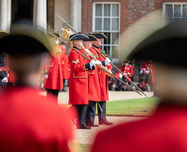 Chelsea Pensioners taking part in the Founder's Day parade at the Royal Hospital Chelsea