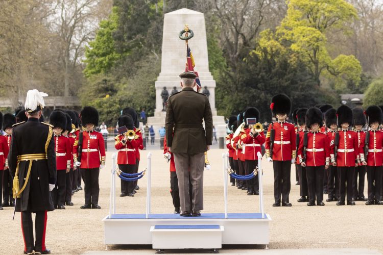 Chief of Staff of US Army General James C. McConville in London standing in front of the Band of the Irish Guards 120422 CREDIT UK MOD © Crown copyright 2022