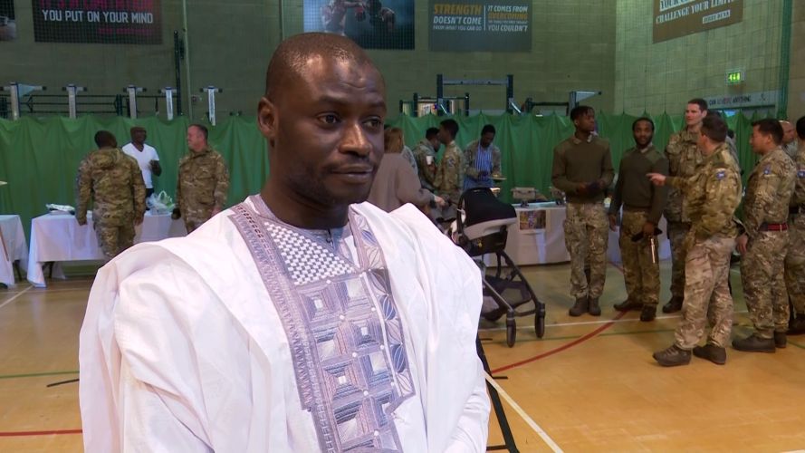 Commonwealh Day Celebration at Baker Barracks, Thorney Island - LBdr Mbye wearing Traditional Gambian clothes to Mark 14032022 CREDIT BFBS