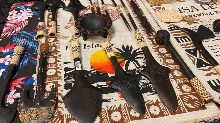 Commonwealh Day Celebration at Baker Barracks, Thorney Island - miniature FIJI traditional weapons 14032022 CREDIT BFBS 