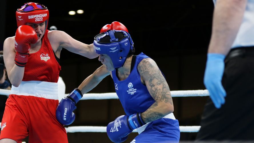 Corporal Megan Reid of Team Scotland (blue shorts) boxing in the Women's Light (57 - 60kg) at the Commonwealth Games 01082022 CREDIT MOD Crown Copyright.jpg