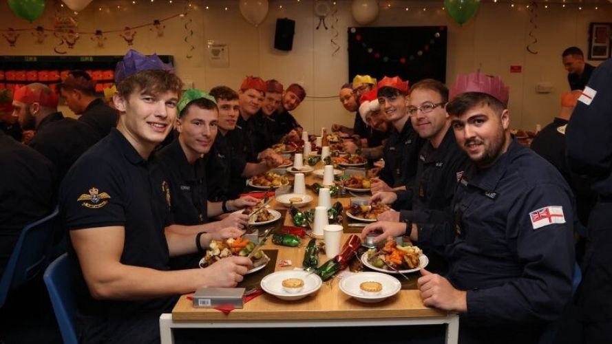 Crew Christmas lunch on HMS Queen Elizabeth, 5 deck filled with decorations 06122021 CREDIT HMS QE Twitter.jpg